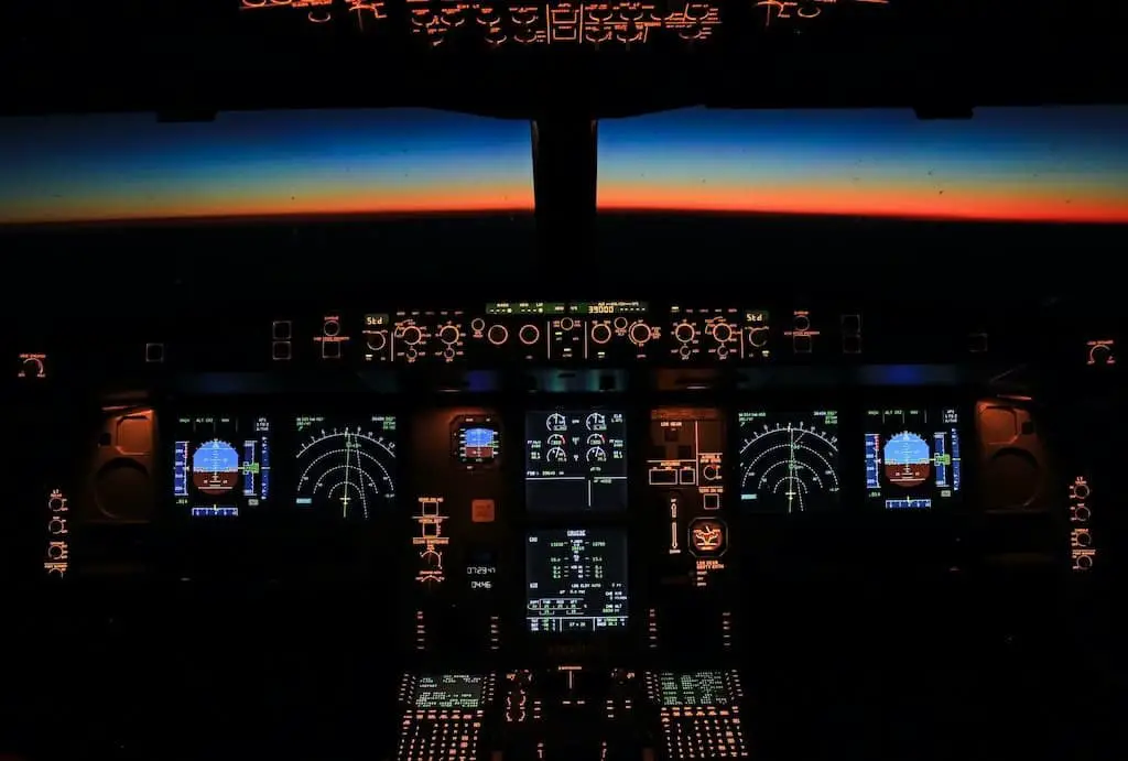 Airbus A330 cockpit in flight showing instruments and systems